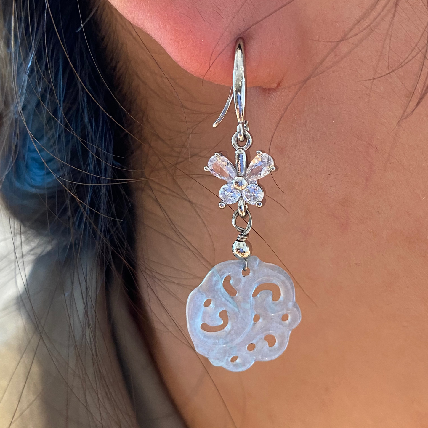 Carved Jadeite Disc Dangle Earrings