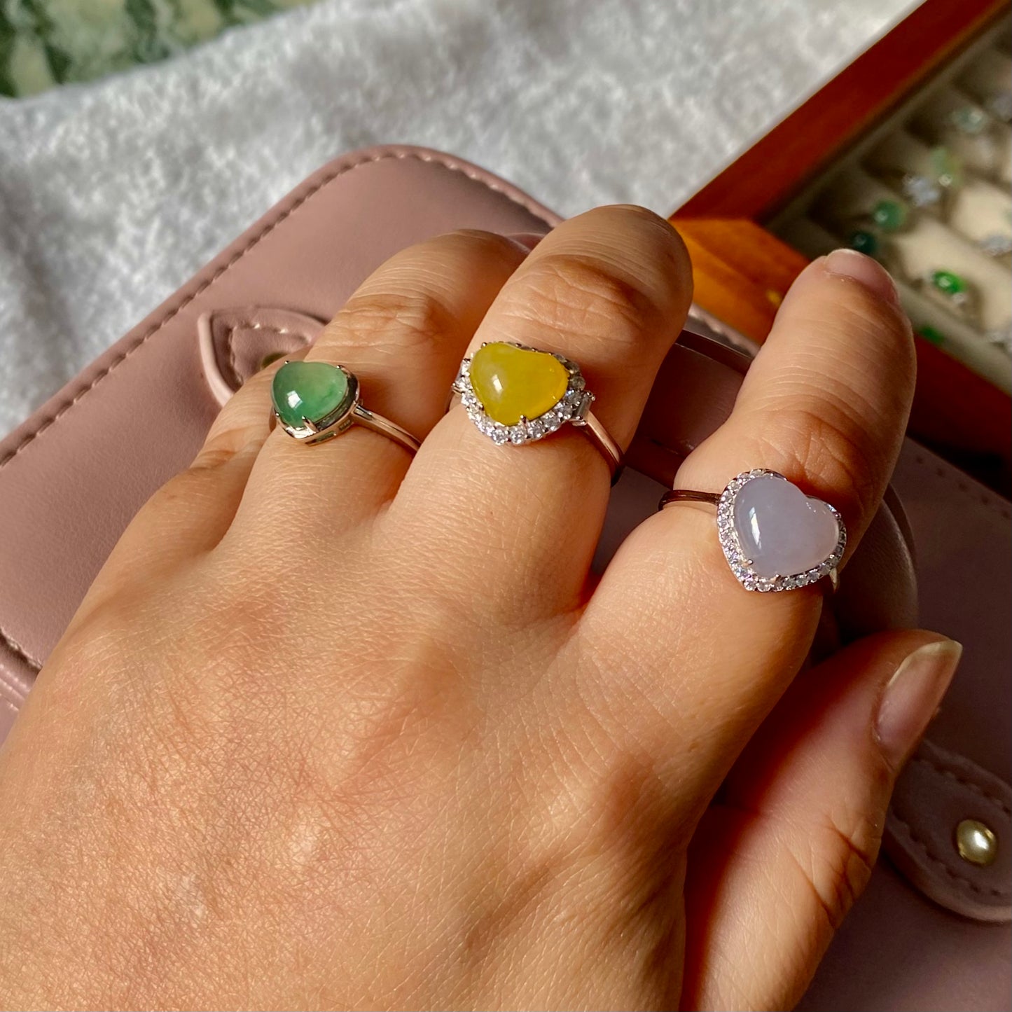Icy Green Heart Jadeite Ring