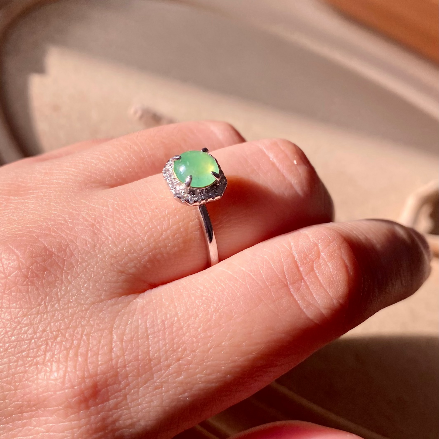 Icy Green Jadeite Cabochon Halo Ring (Jade Essentials · Gold-Plated Silver)