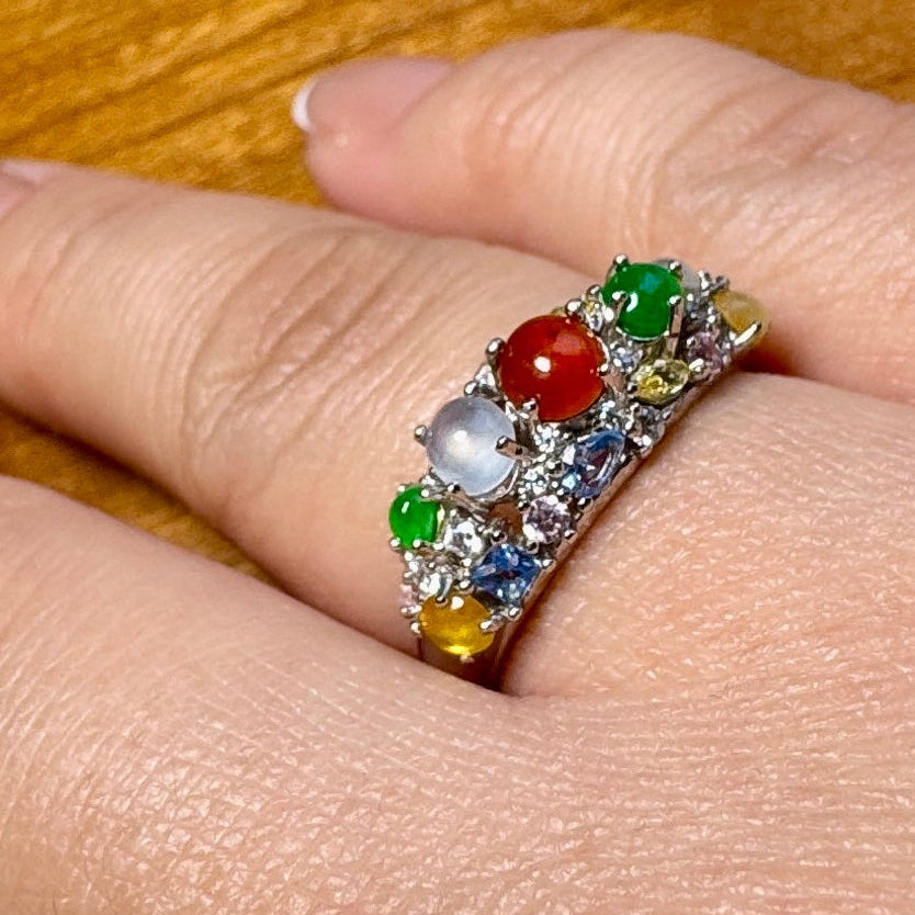 Multi-color Jadeite Cabochon Band Ring