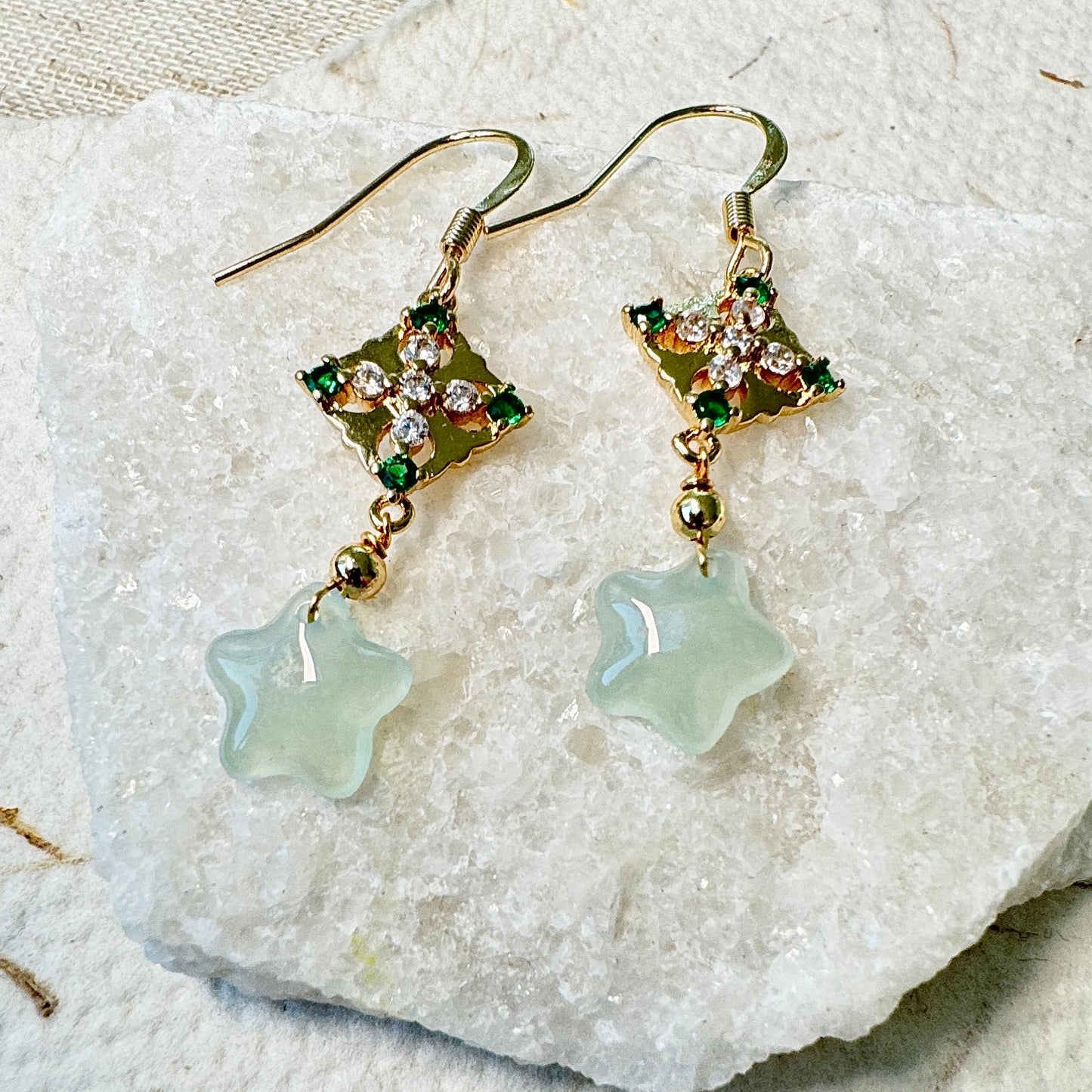 Star and Moon Jadeite Dangle Earrings - Icy Aqua Star