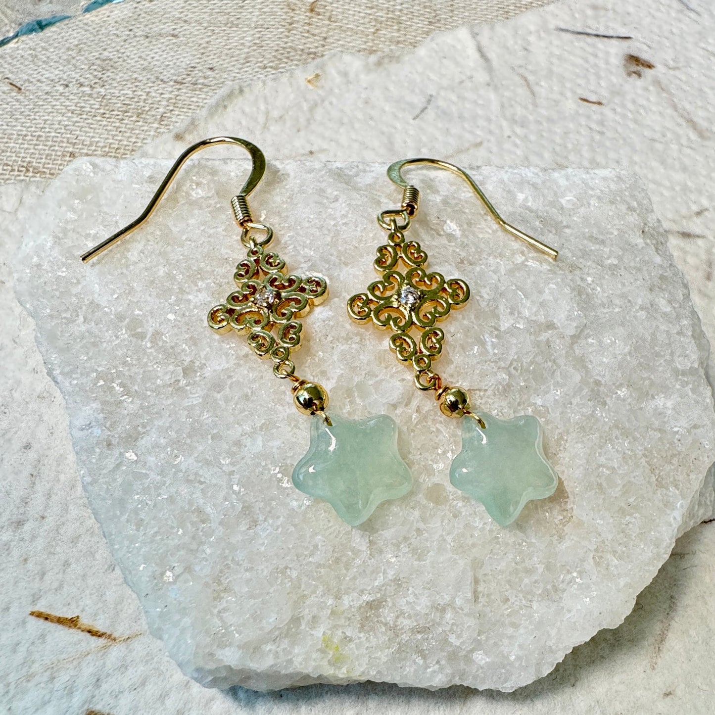 Star and Moon Jadeite Dangle Earrings - Icy Aqua Star