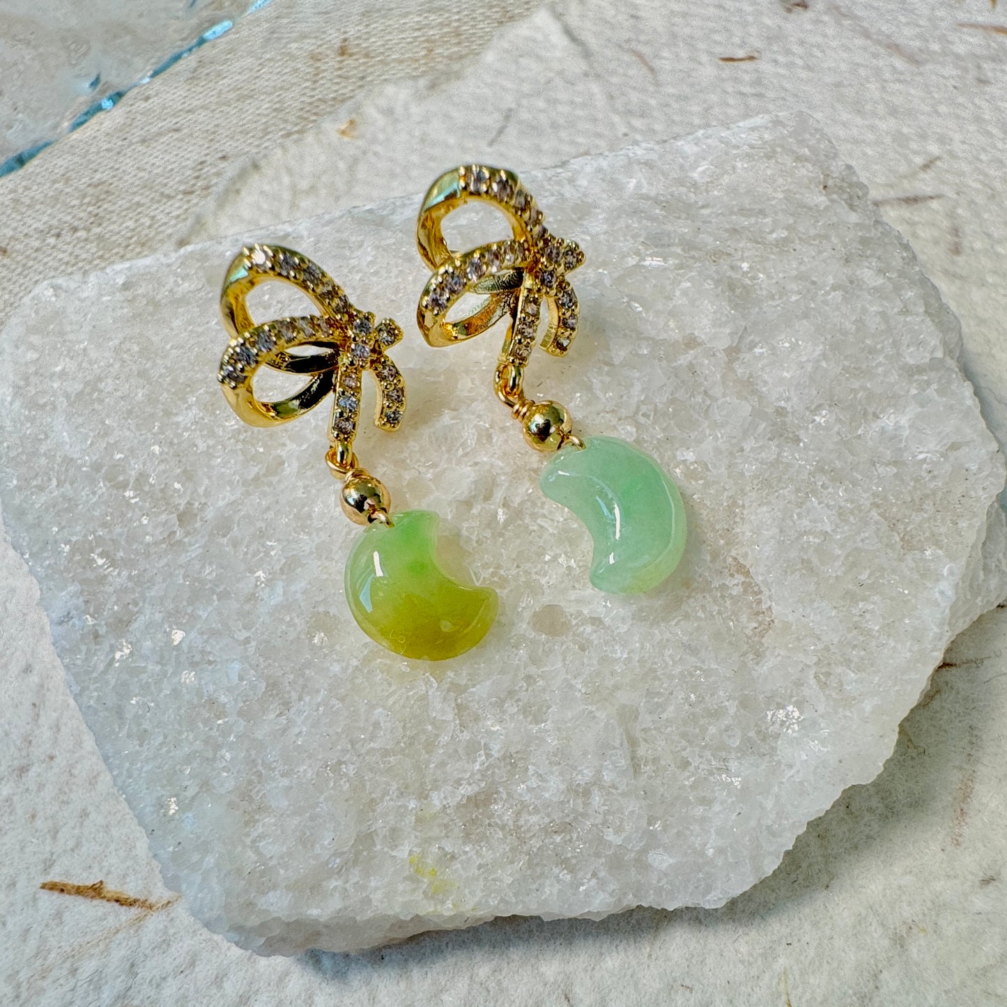 Star and Moon Jadeite Dangle Earrings - Yellowish Green Moon