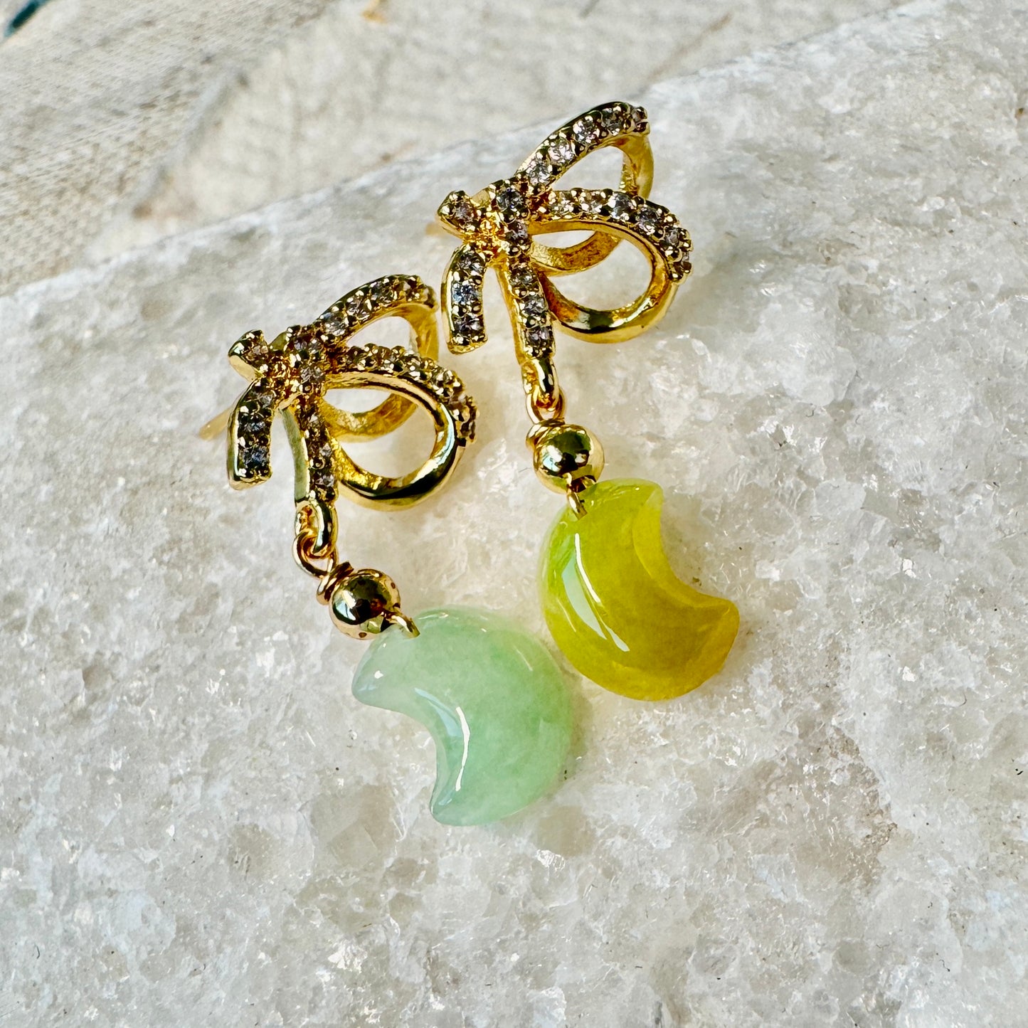 Star and Moon Jadeite Dangle Earrings - Yellowish Green Moon