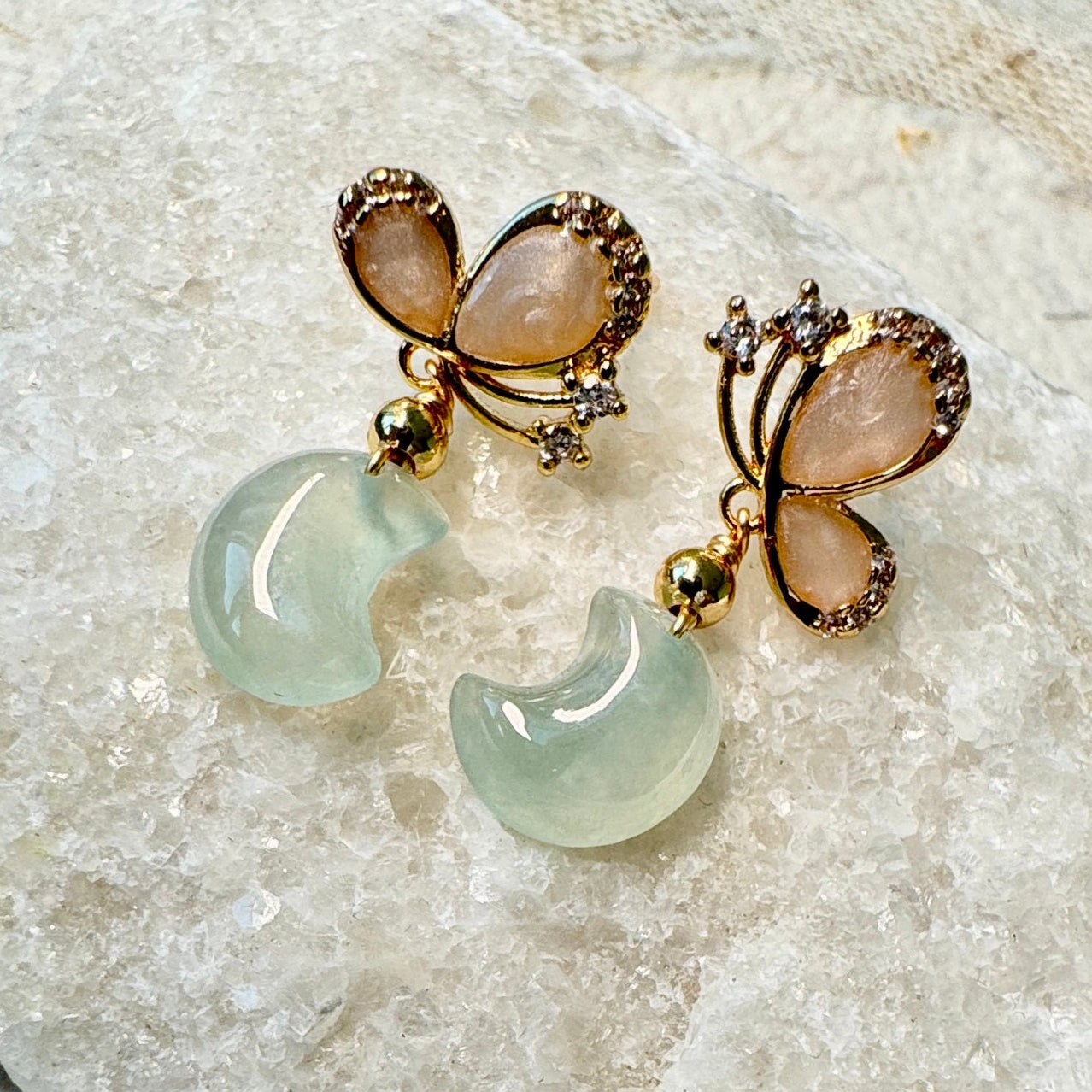 Star and Moon Jadeite Dangle Earrings - Icy Aqua Moon