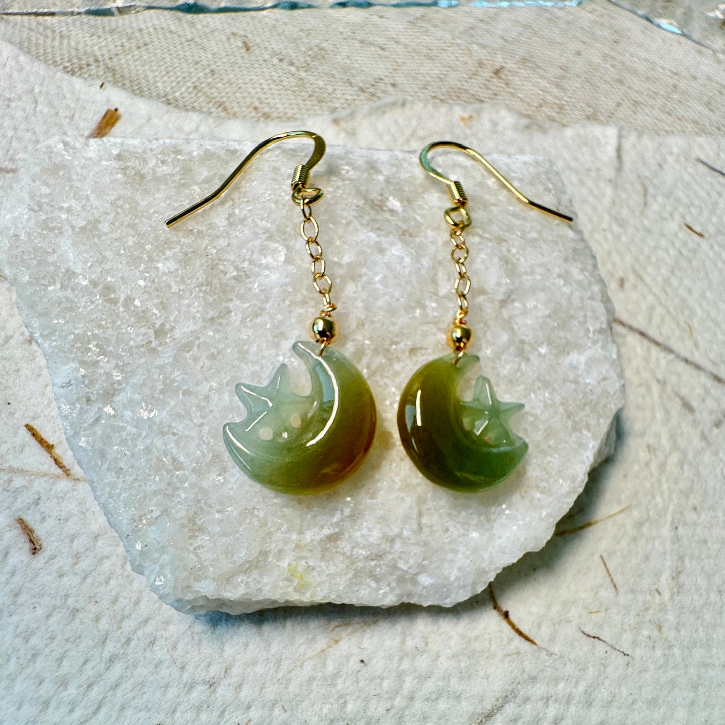 Star and Moon Jadeite Dangle Earrings - Bluish Yellow