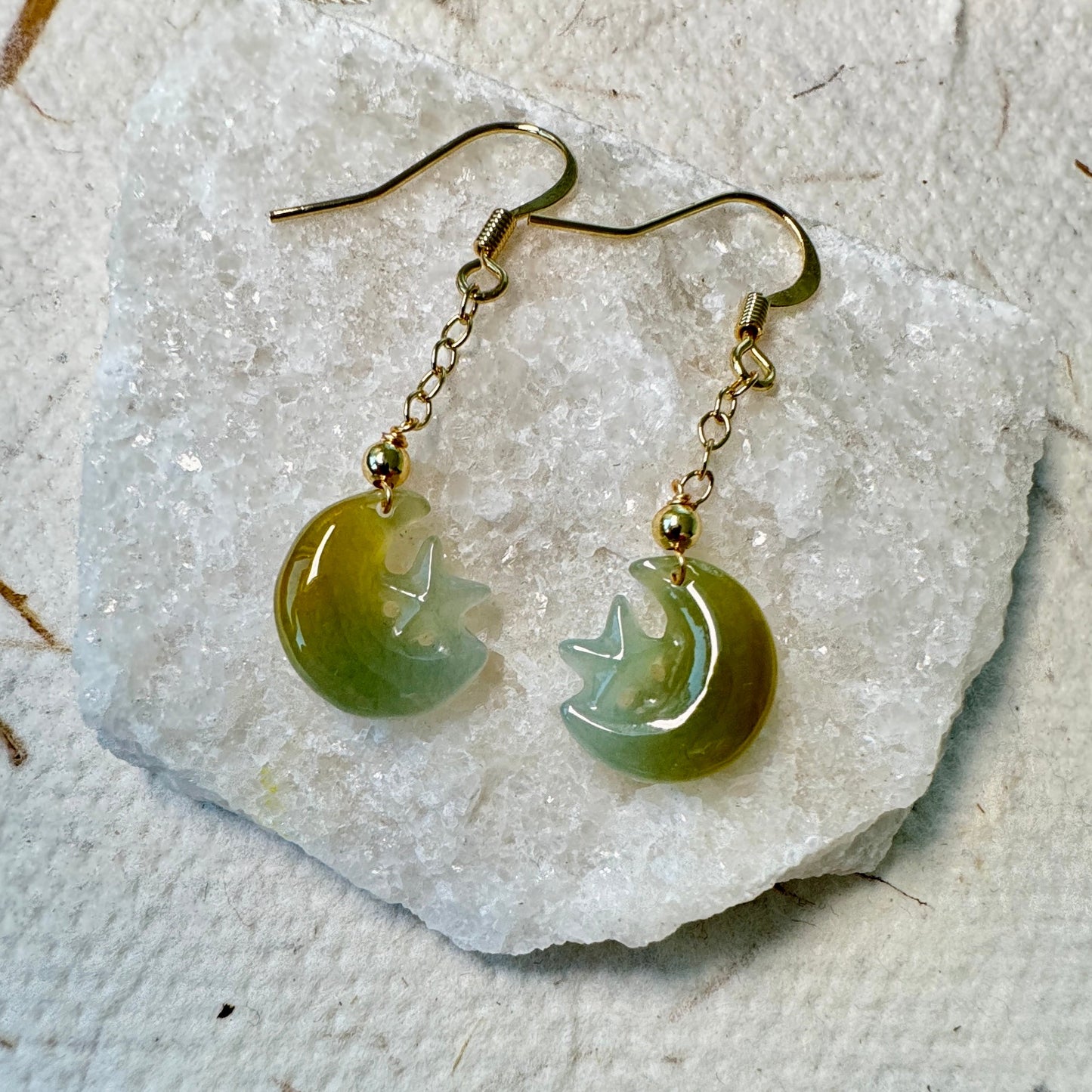 Star and Moon Jadeite Dangle Earrings - Bluish Yellow