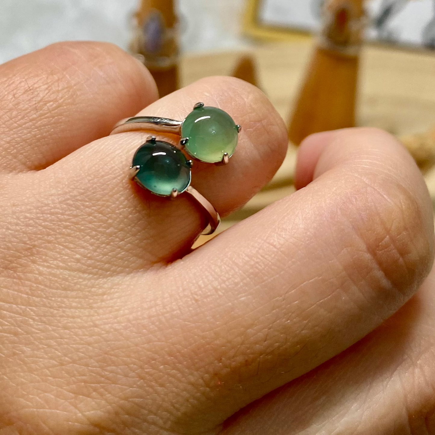 Double Green Jadeite Cabochon Ring