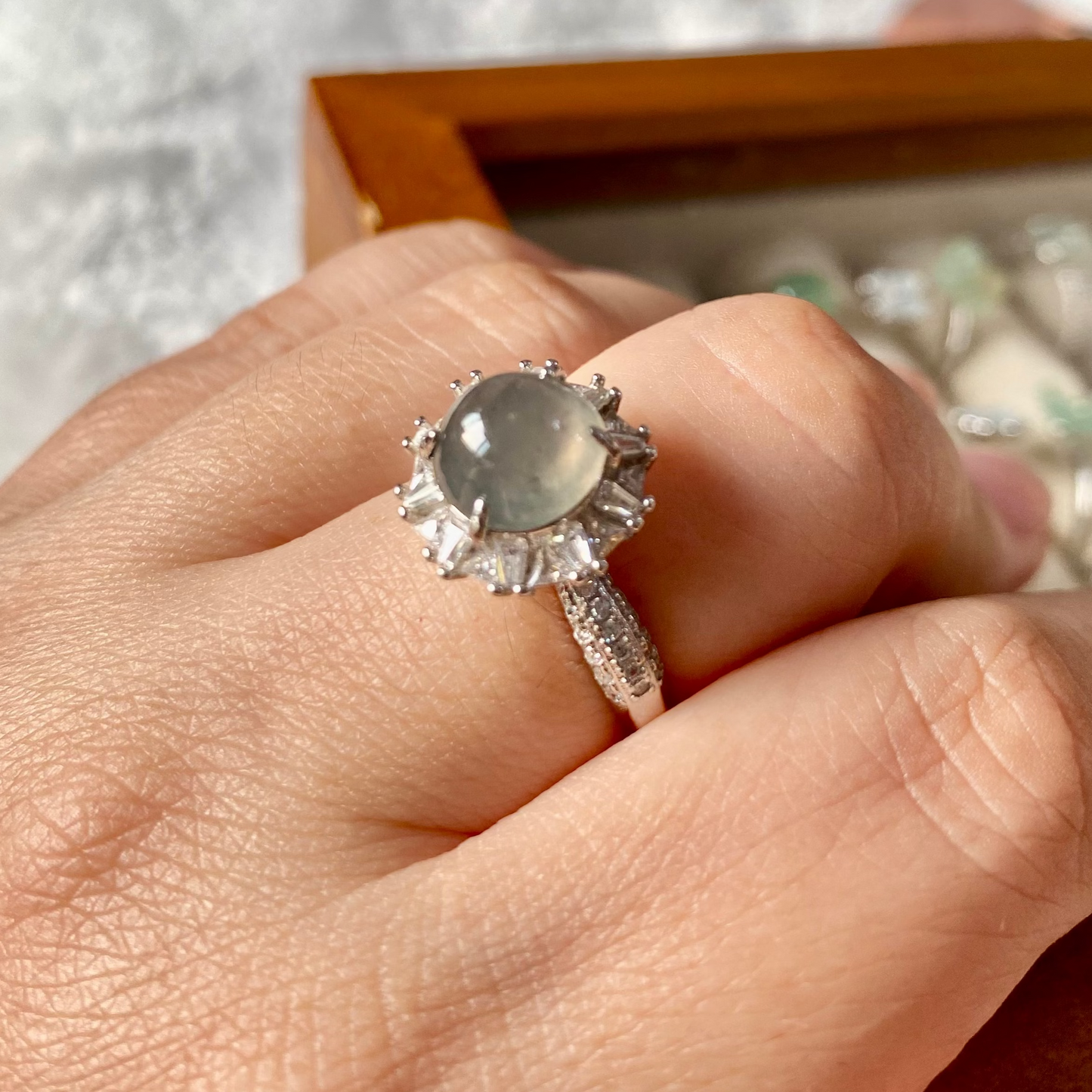 Icy Charcoal Jadeite Cabochon Ring