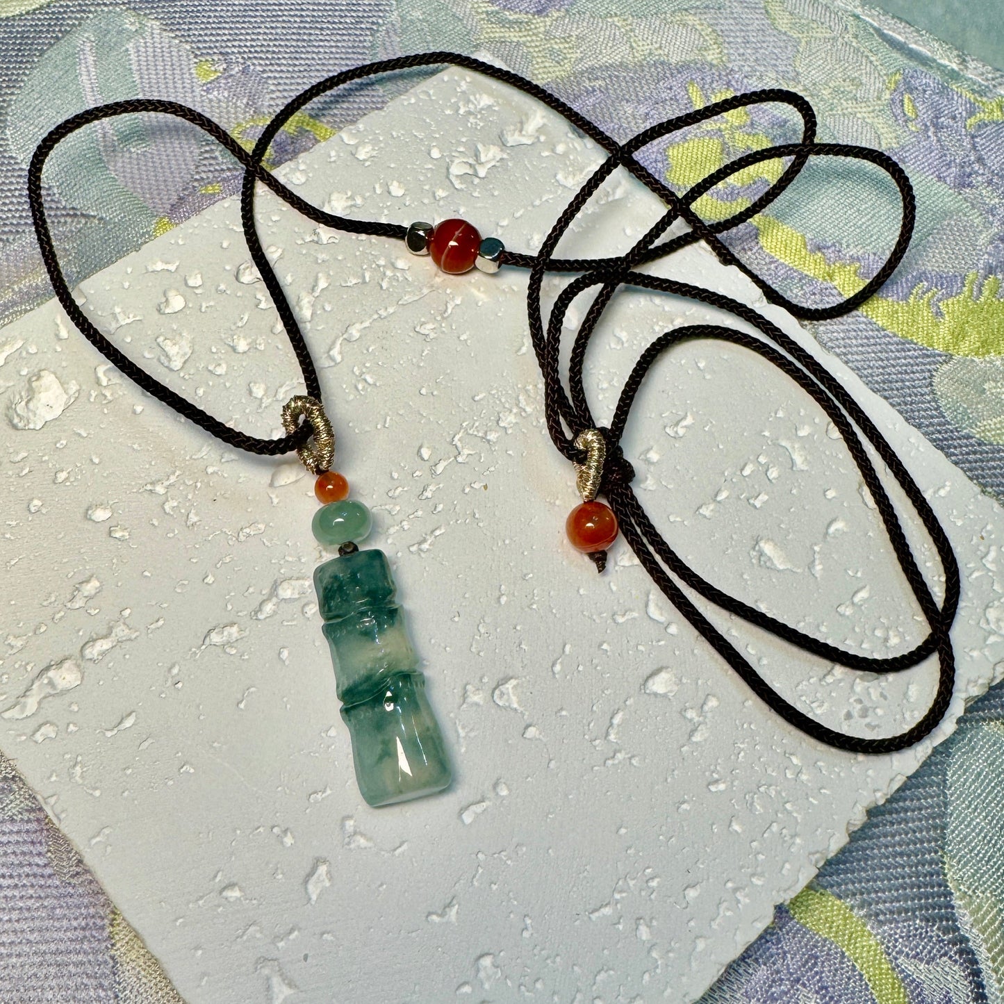 Icy Green Moss Bamboo Jade Macramé Necklace