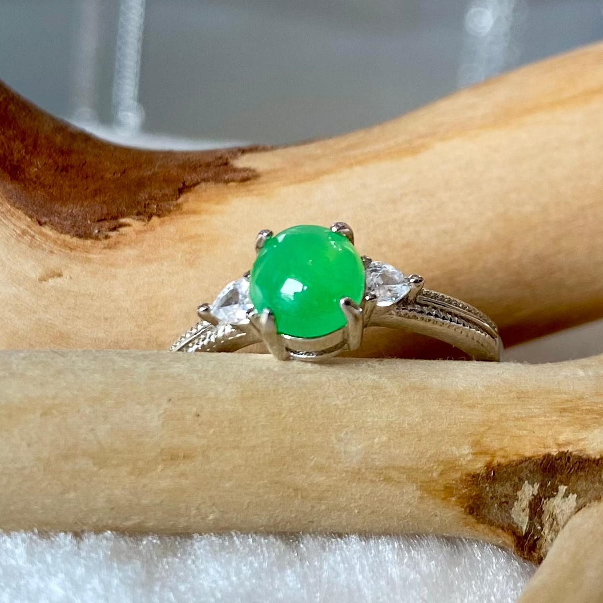 Bright Green Jadeite Cabochon Ring