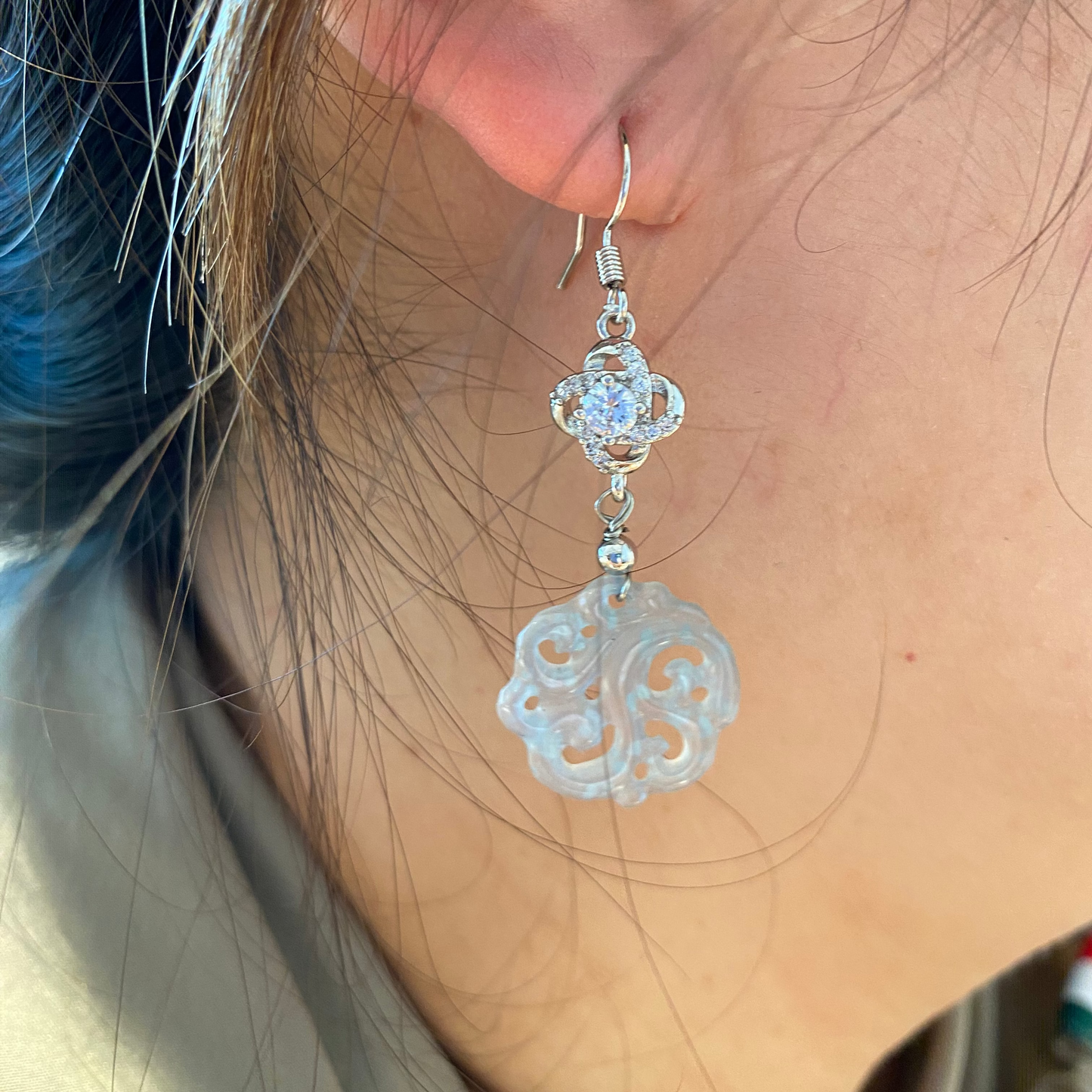 Carved Jadeite Disc Dangle Earrings