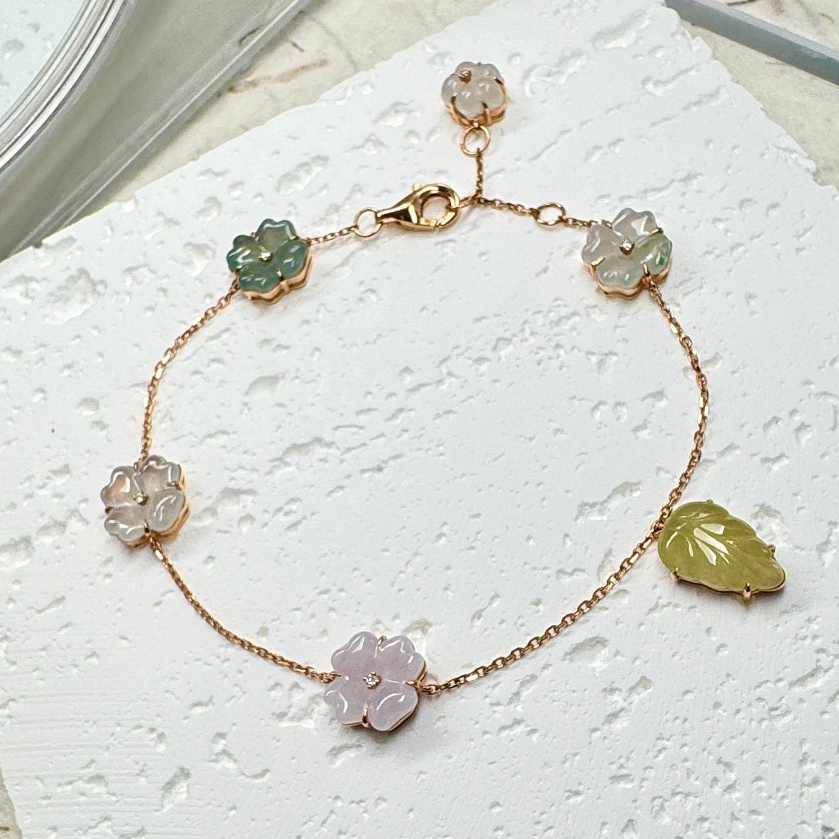 Multi-Color Jadeite Flower Bracelet  (18K Rose Gold · Natural Diamonds)