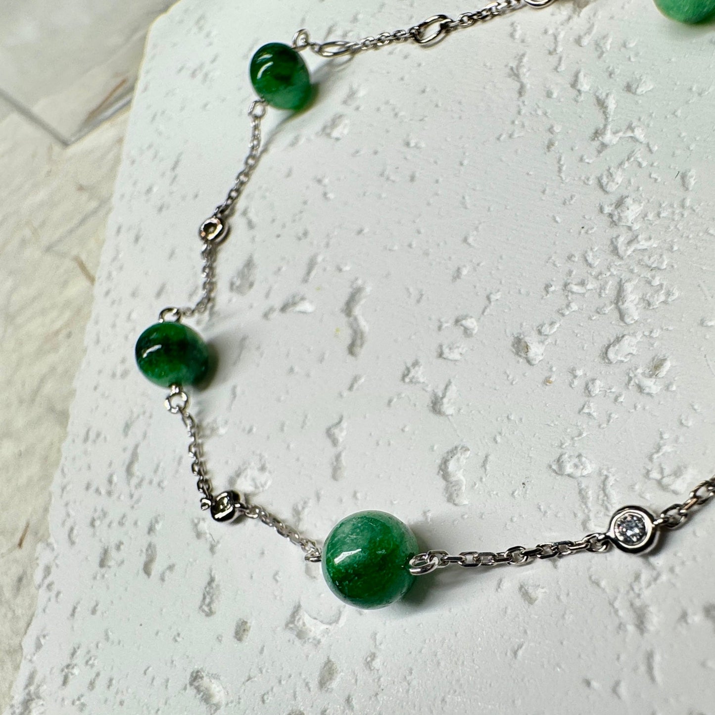 Green Jadeite Bead Station Bracelet  (White Gold)