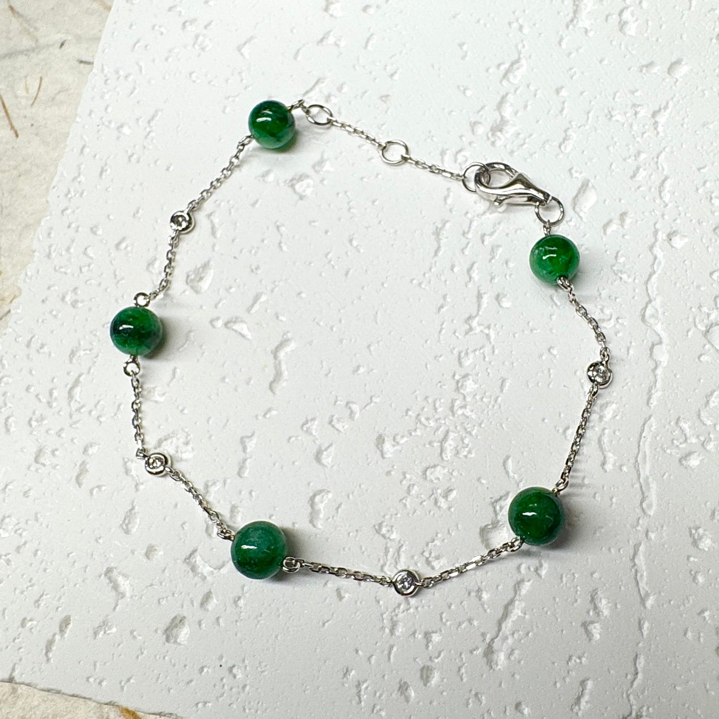 Green Jadeite Bead Station Bracelet  (White Gold)