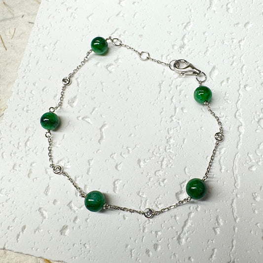 Green Jadeite Bead Station Bracelet  (White Gold)