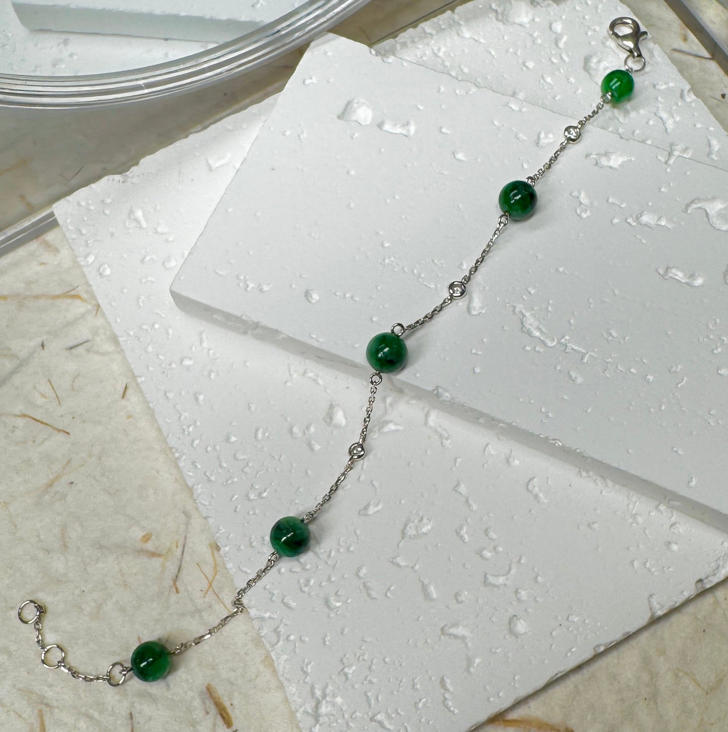 Green Jadeite Bead Station Bracelet  (White Gold)