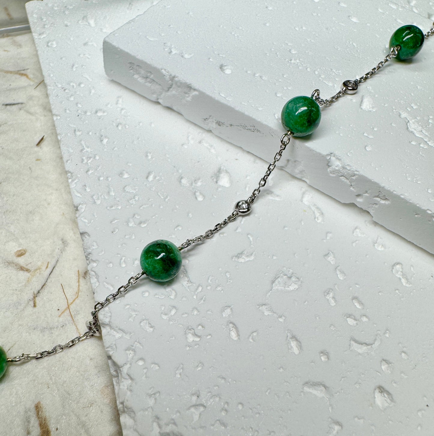 Green Jadeite Bead Station Bracelet  (White Gold)