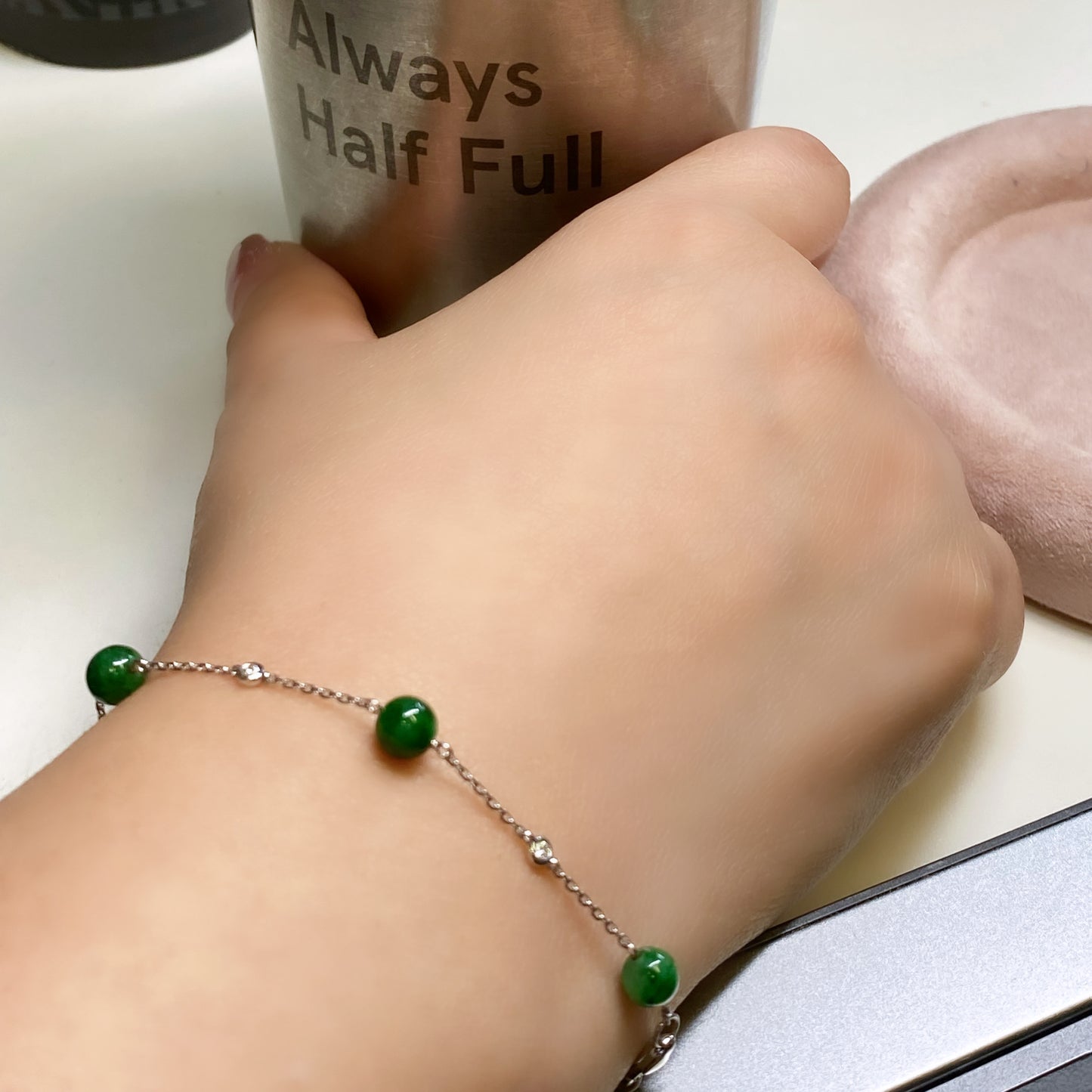 Green Jadeite Bead Station Bracelet  (White Gold)