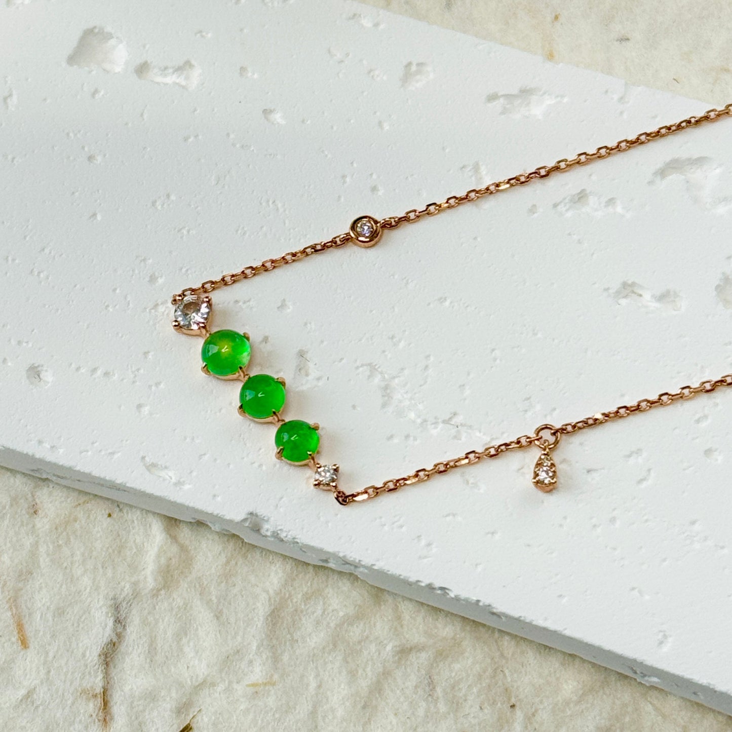 Green Jadeite Three-Stone Diamond Bracelet  (18K Rose Gold · Natural Diamonds)