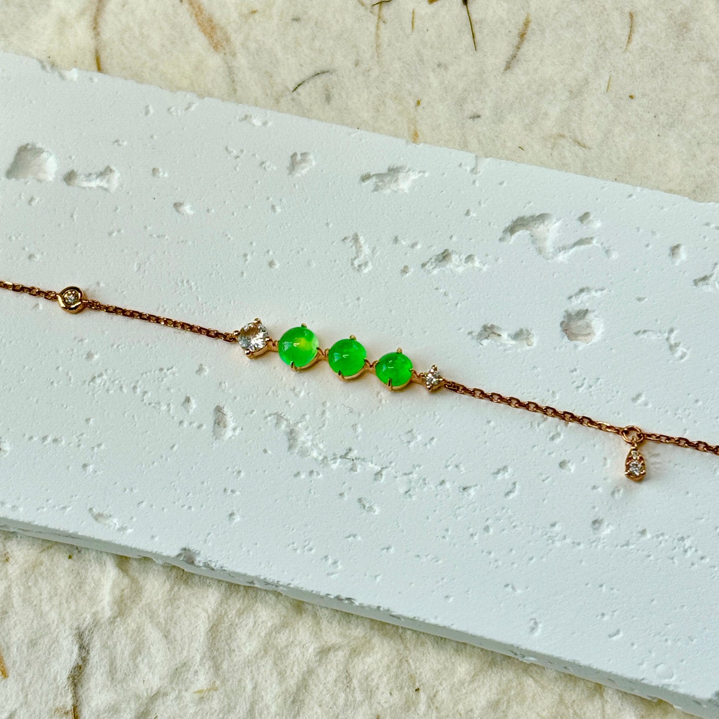 Green Jadeite Three-Stone Diamond Bracelet  (18K Rose Gold · Natural Diamonds)