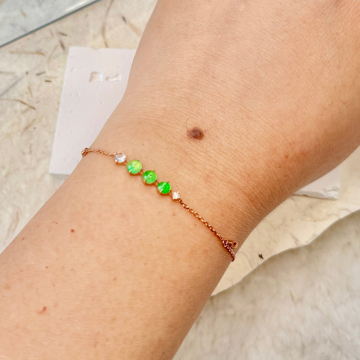 Green Jadeite Three-Stone Diamond Bracelet  (18K Rose Gold · Natural Diamonds)