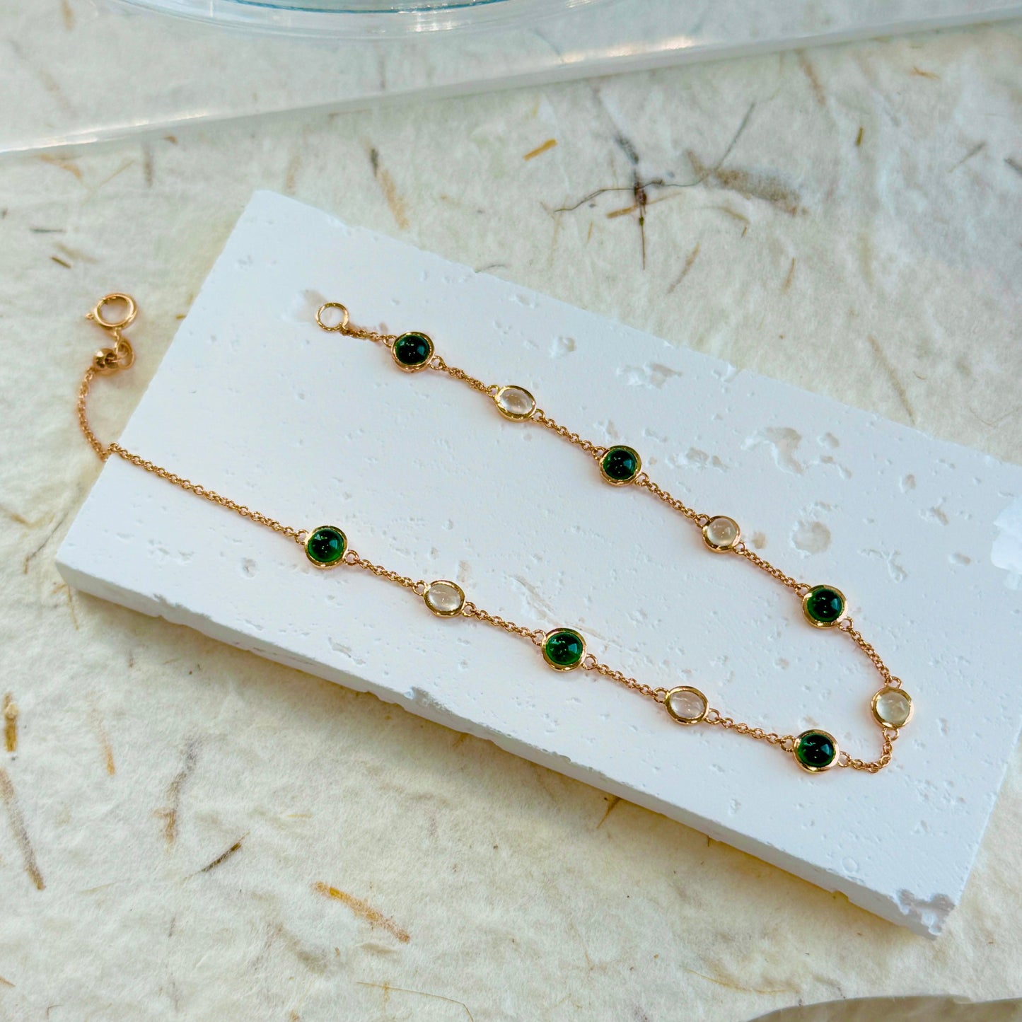 Green & White Jadeite Alternating Station Bracelet  (18K Rose Gold)