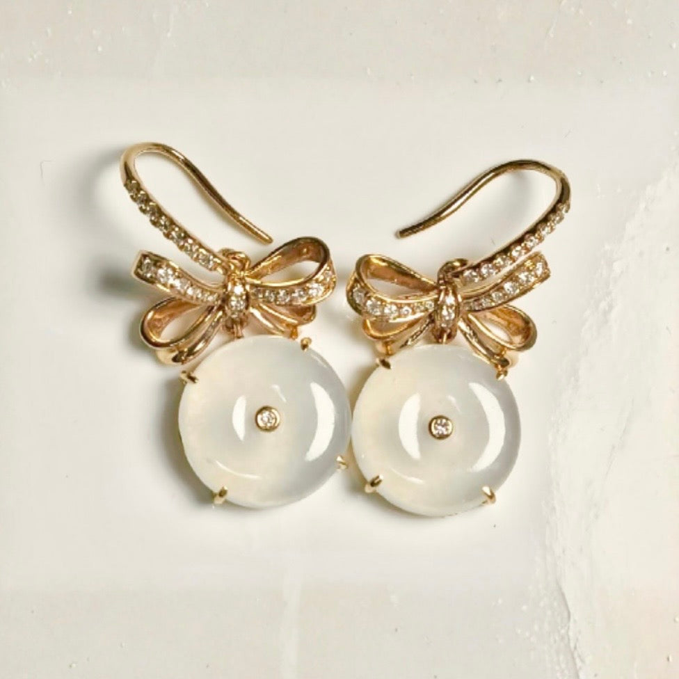 Icy Jadeite Donut Ribbon Drop Earrings  (18K Gold · Natural Diamonds)