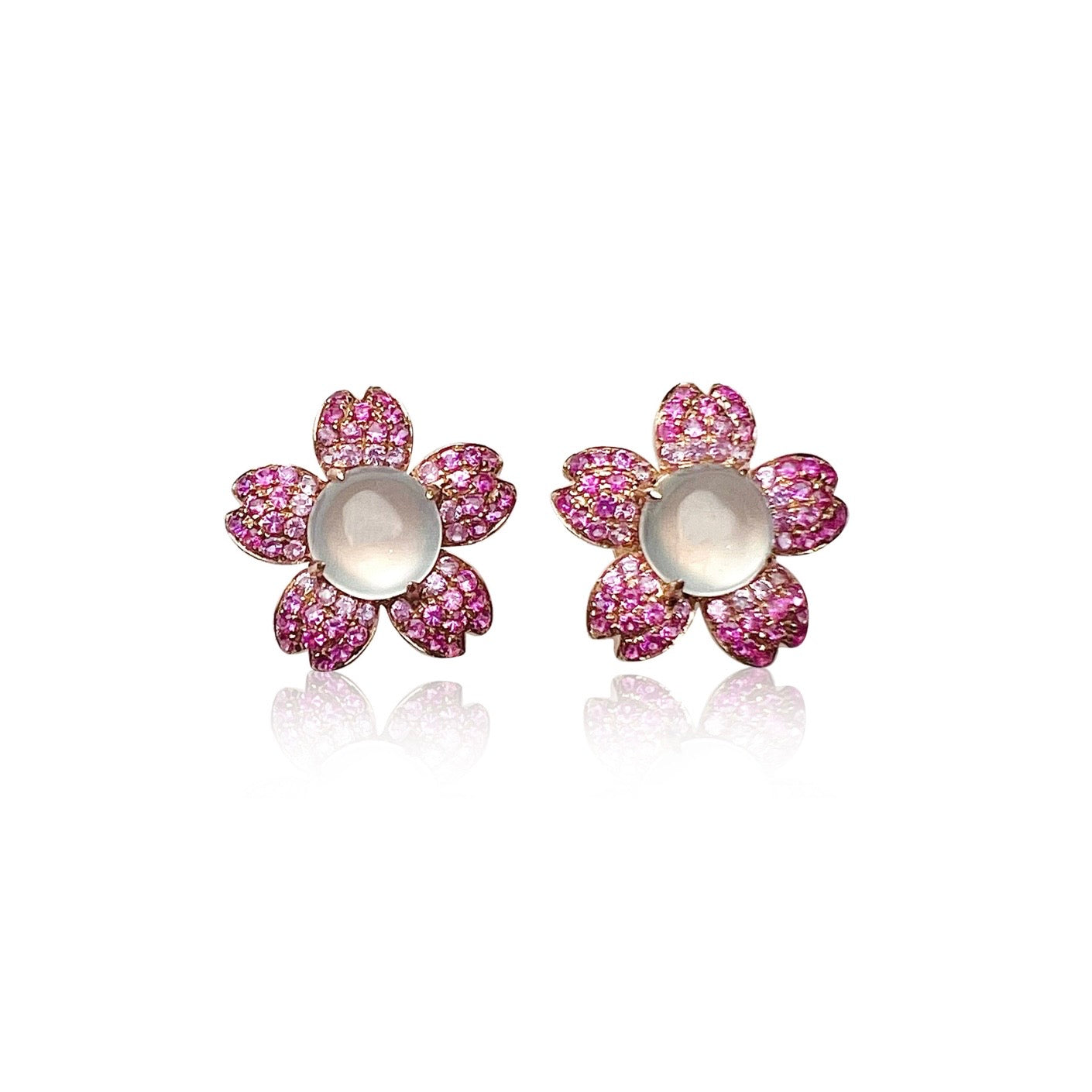 Icy Jadeite Cherry Blossom Earrings  (18K Rose Gold · Natural Diamonds · Pink Sapphire)