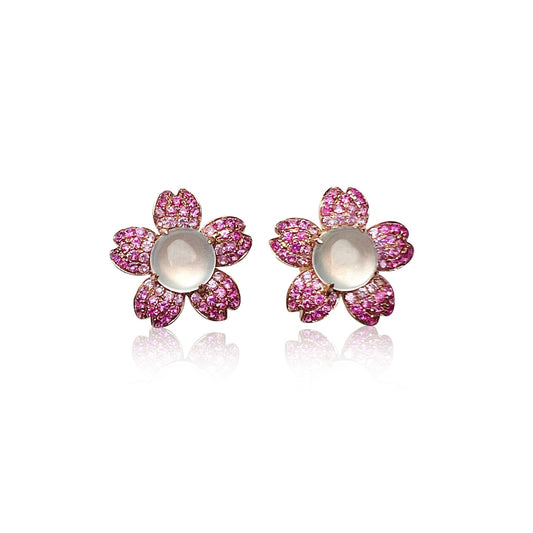 Icy Jadeite Cherry Blossom Earrings  (18K Rose Gold · Natural Diamonds · Pink Sapphire)