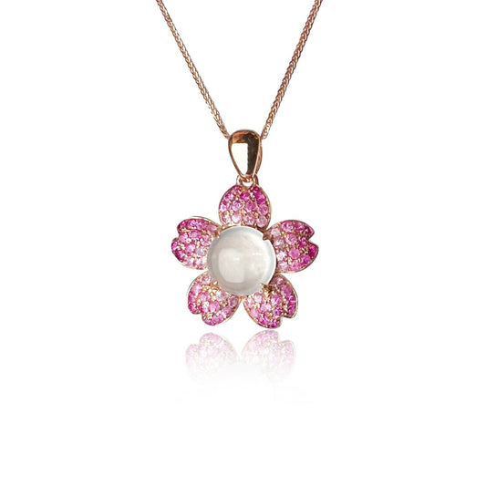 Icy Jadeite Cherry Blossom Pendant  (18K Rose Gold · Natural Diamonds · Pink Sapphire)