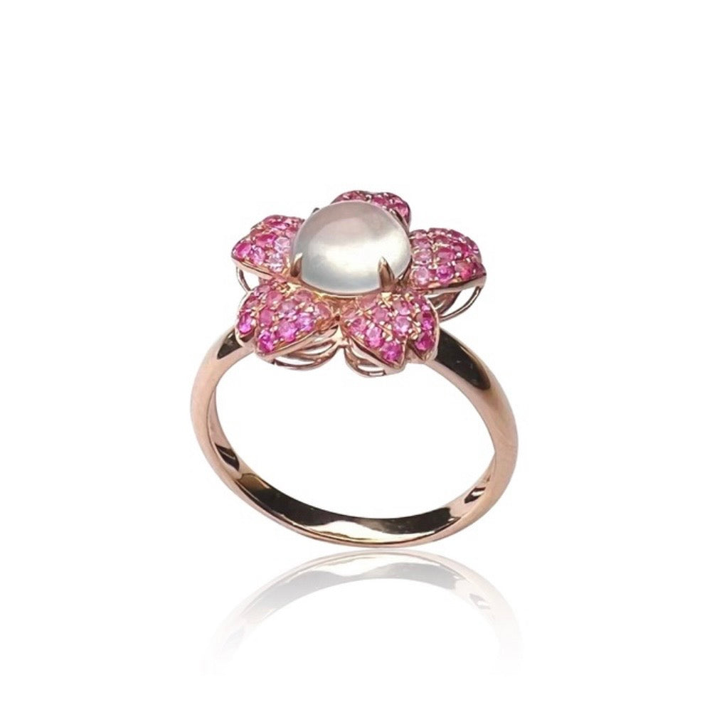 Icy Jadeite Cherry Blossom Ring  (18K Rose Gold · Natural Diamonds · Pink Sapphire)