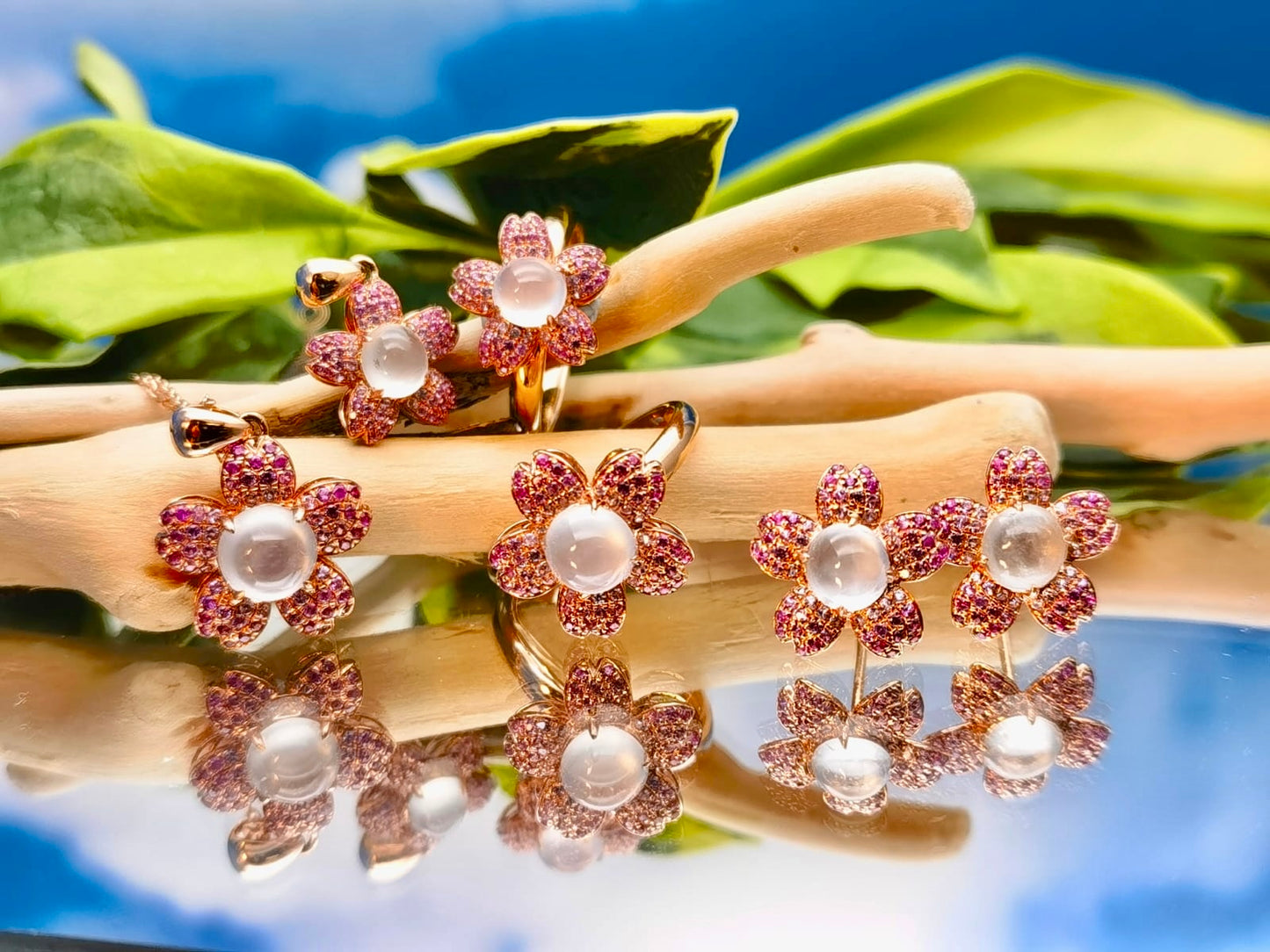 Icy Jadeite Cherry Blossom Ring  (18K Rose Gold · Natural Diamonds · Pink Sapphire)