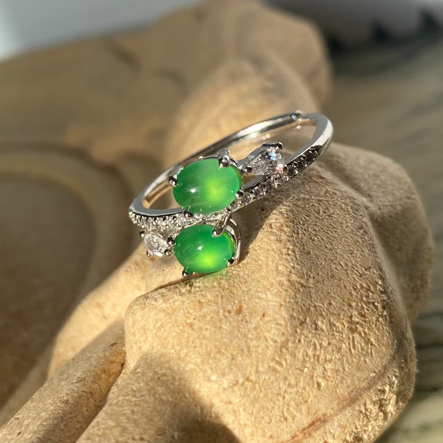 Double Green Jadeite Cabochon Ring  (Jade Essentials · Gold-Plated Silver)
