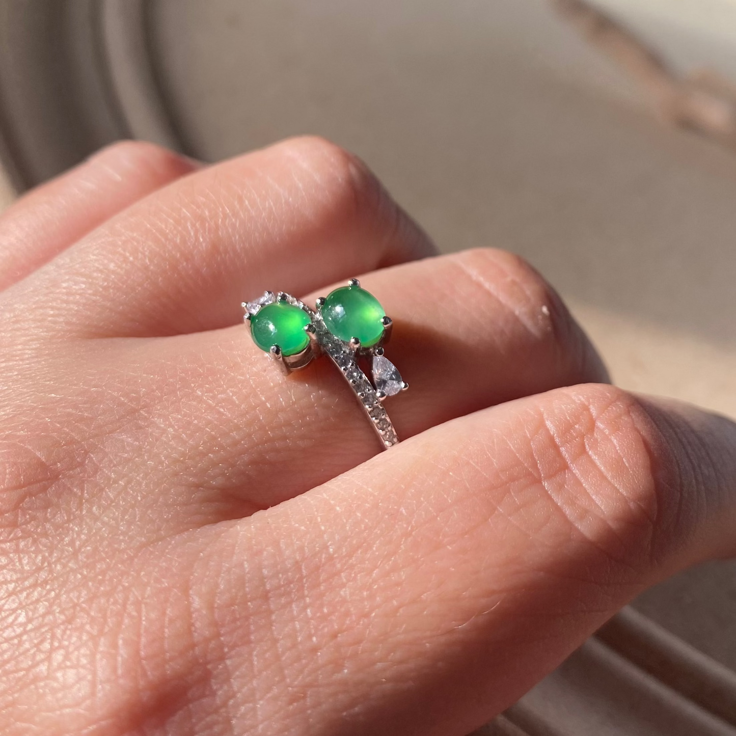 Double Green Jadeite Cabochon Ring  (Jade Essentials · Gold-Plated Silver)