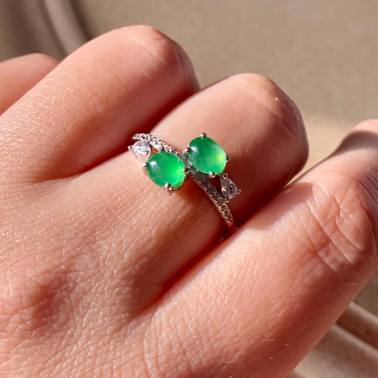 Double Green Jadeite Cabochon Ring  (Jade Essentials · Gold-Plated Silver)