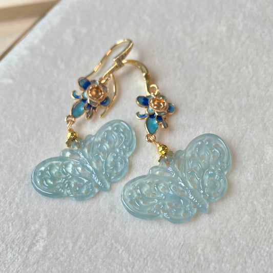 Jadeite Butterfly Carved Dangle Earrings