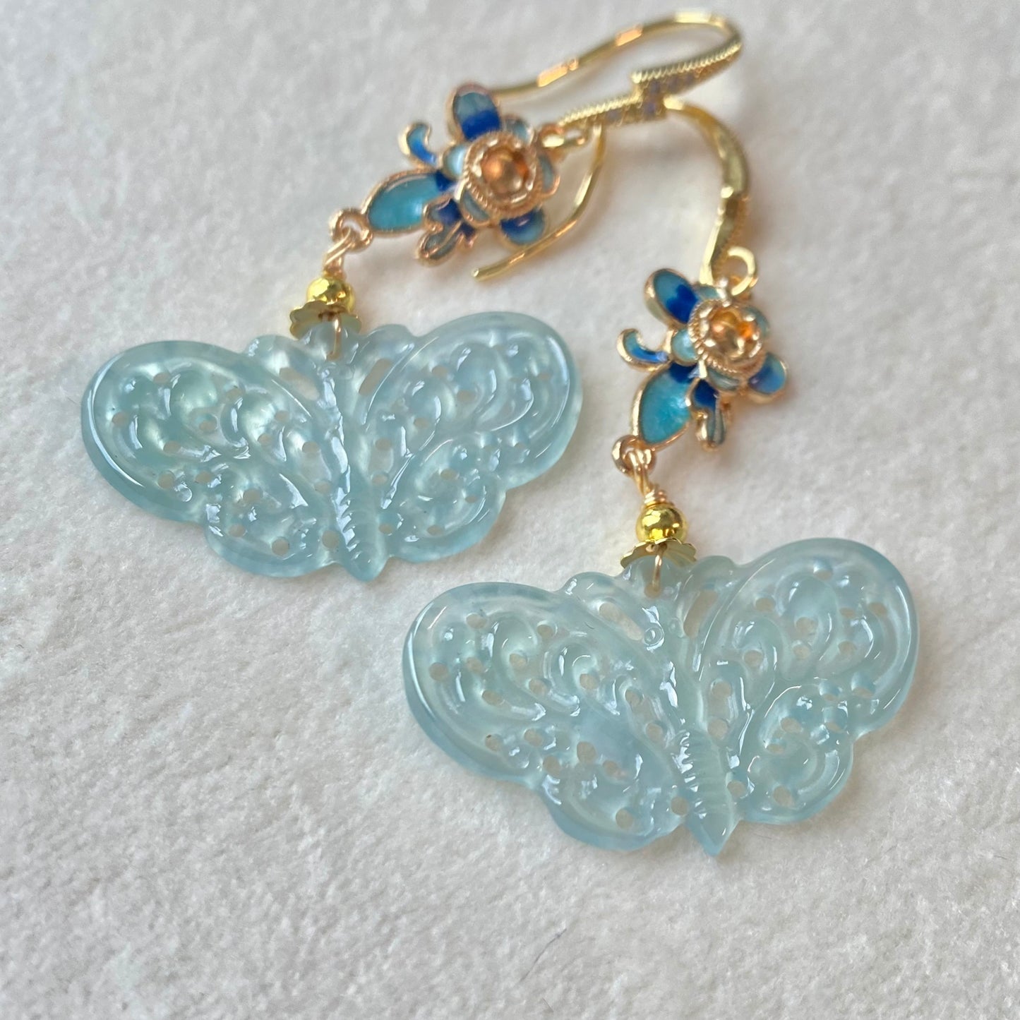 Jadeite Butterfly Carved Dangle Earrings
