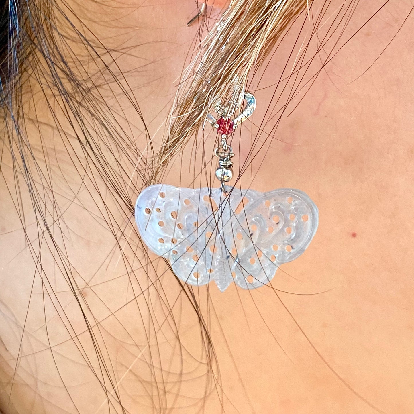 Jadeite Butterfly Carved Dangle Earrings