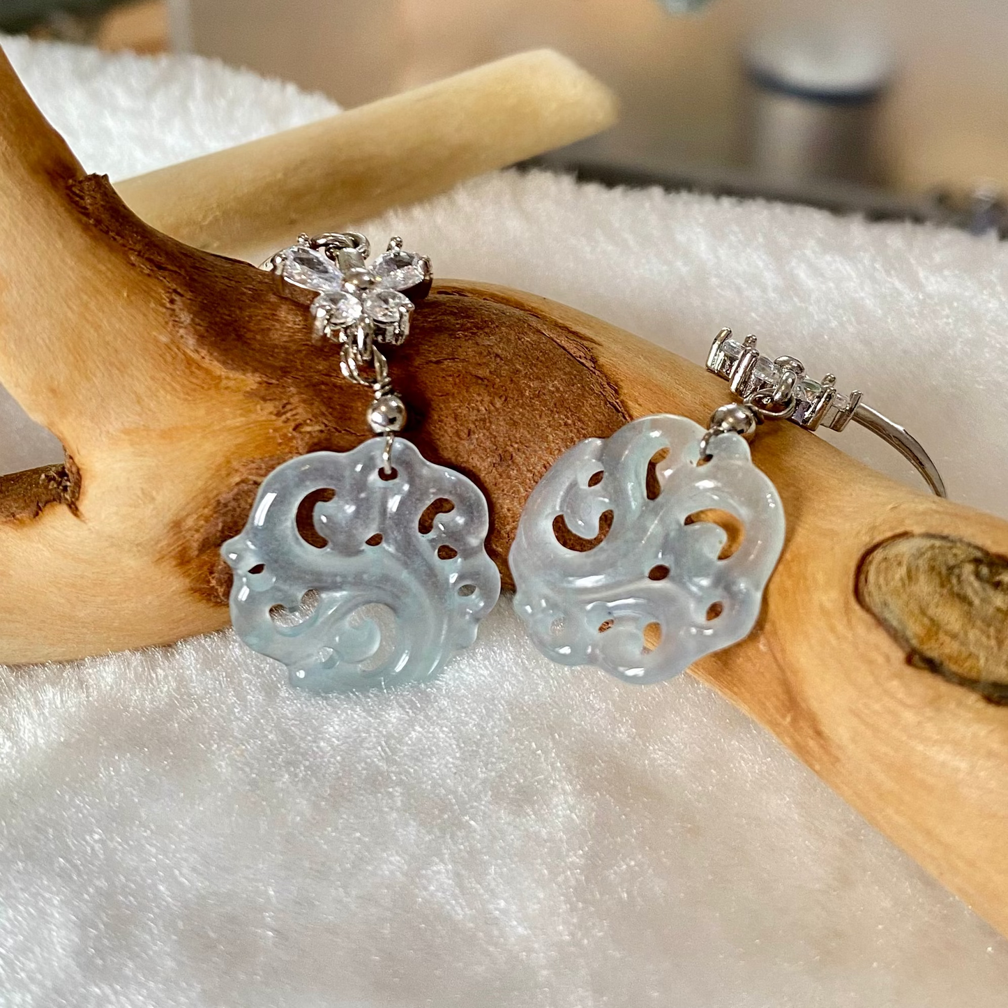 Carved Jadeite Disc Dangle Earrings