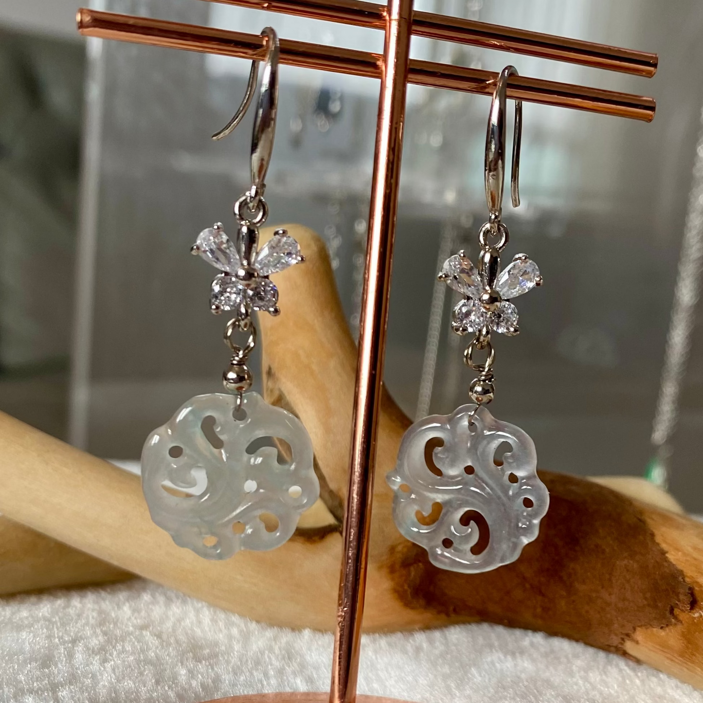 Carved Jadeite Disc Dangle Earrings