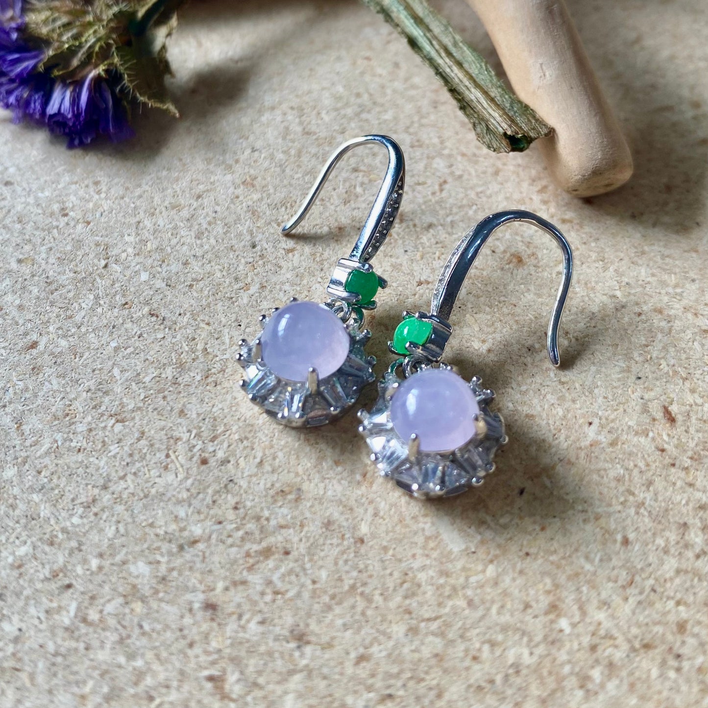 Icy Lavender Jadeite Cabochon Dangle Earrings