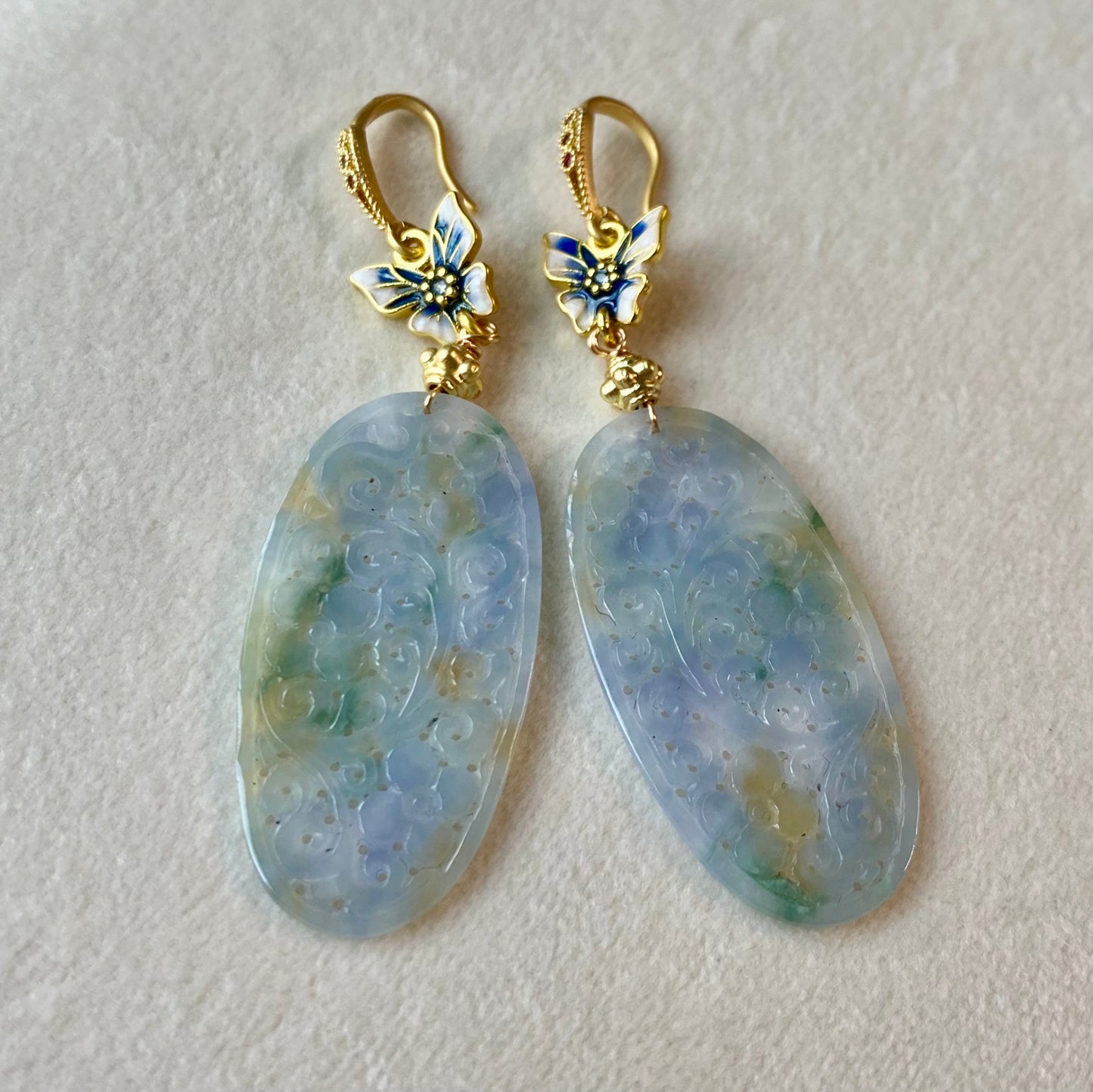 Lavender-Green Carved Jadeite Oval Plaque Dangle Earrings