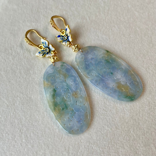 Lavender-Green Carved Jadeite Oval Plaque Dangle Earrings