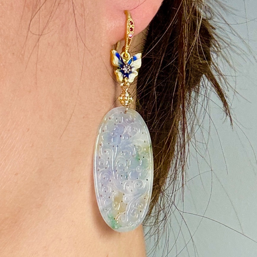 Lavender-Green Carved Jadeite Oval Plaque Dangle Earrings