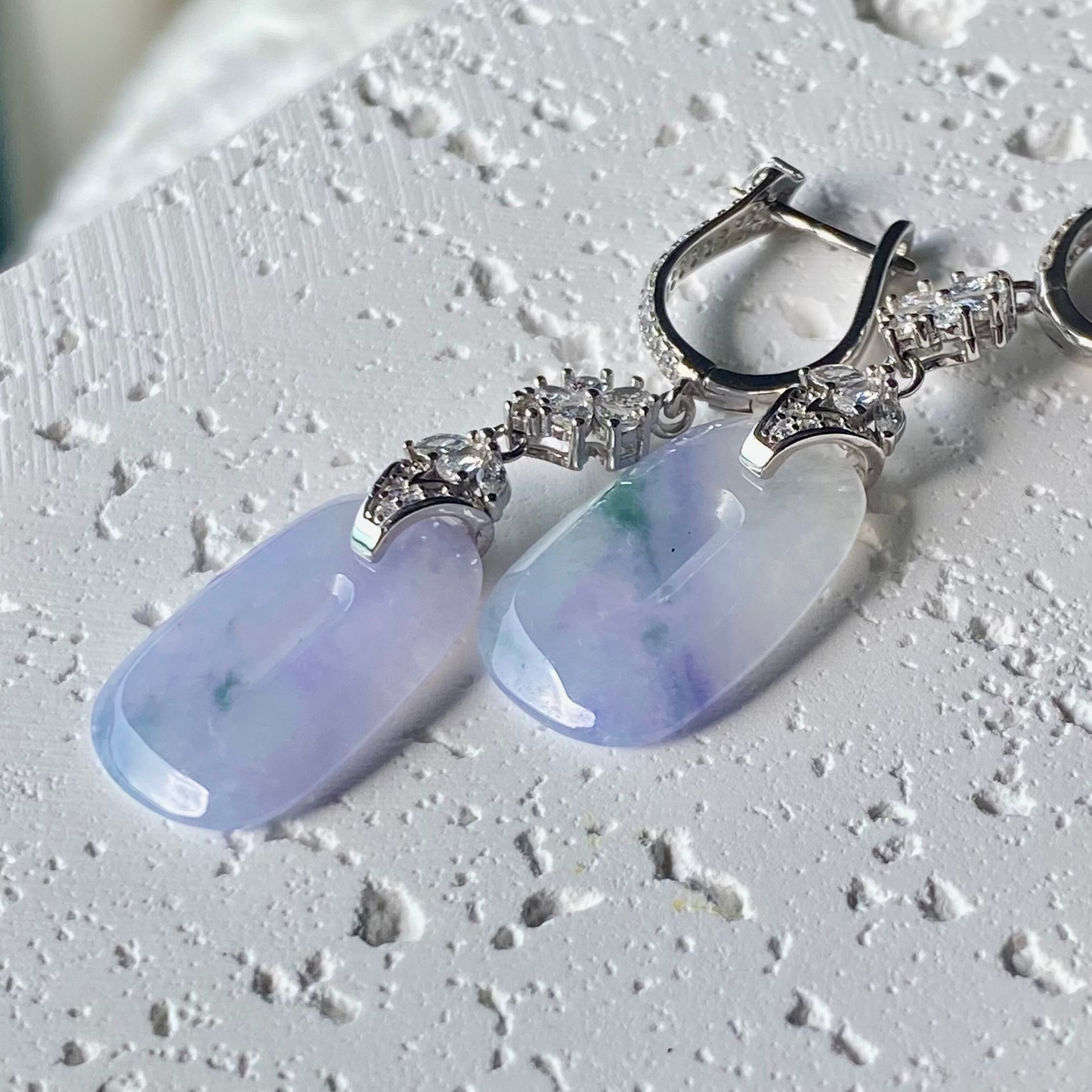 Icy Lavender-Green Jadeite Donut Dangle Earrings