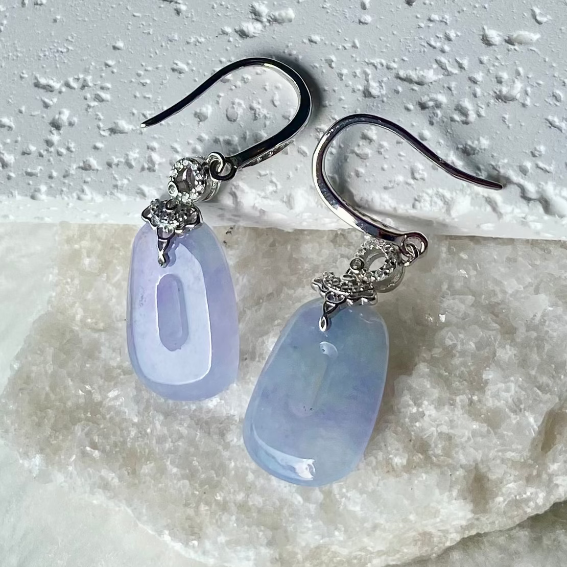 Icy Lavender-Green Jadeite Donut Dangle Earrings