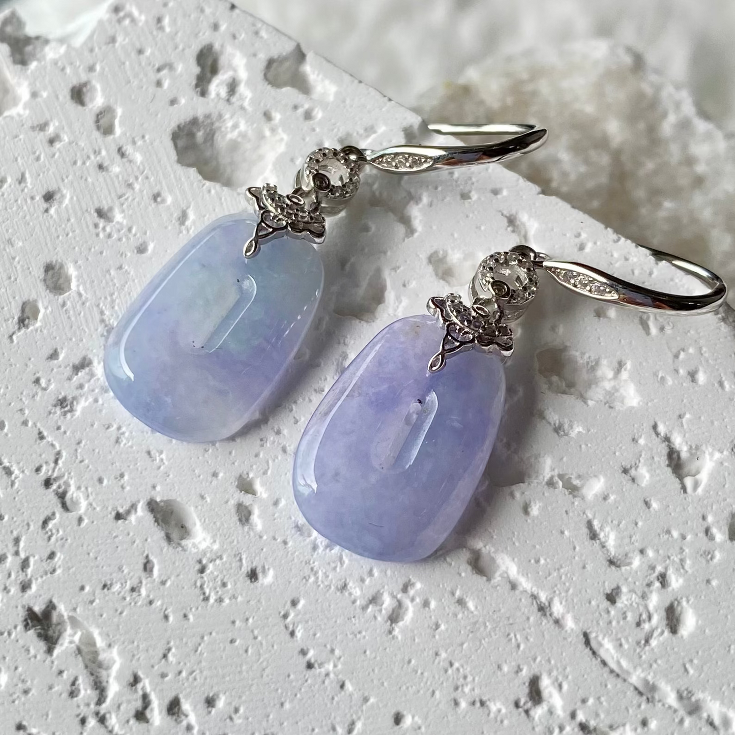 Icy Lavender-Green Jadeite Donut Dangle Earrings