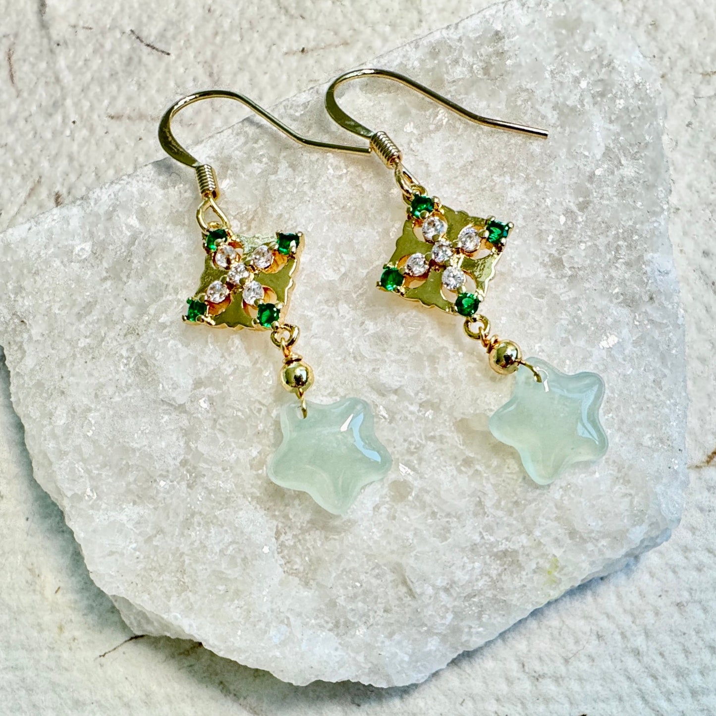 Star and Moon Jadeite Dangle Earrings - Icy Aqua Star
