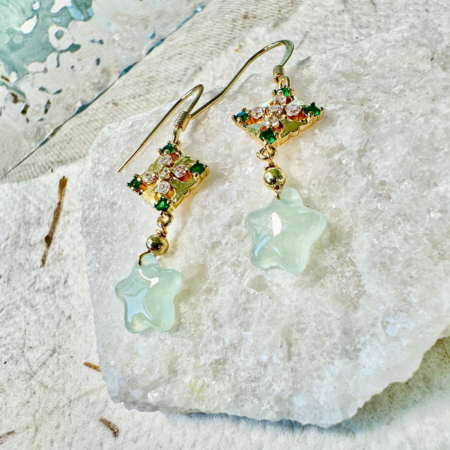 Star and Moon Jadeite Dangle Earrings - Icy Aqua Star